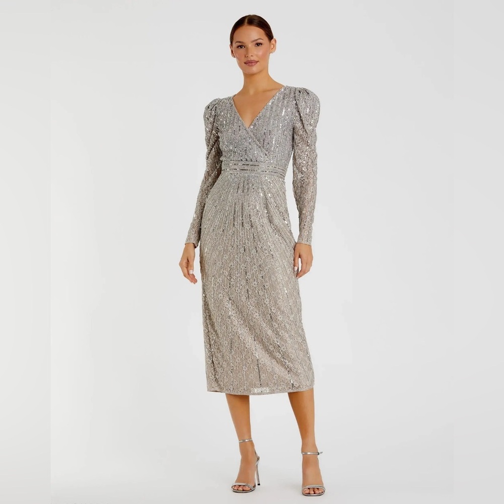 Mac Duggal Silver Sequin Long Sleeve Midi Dress